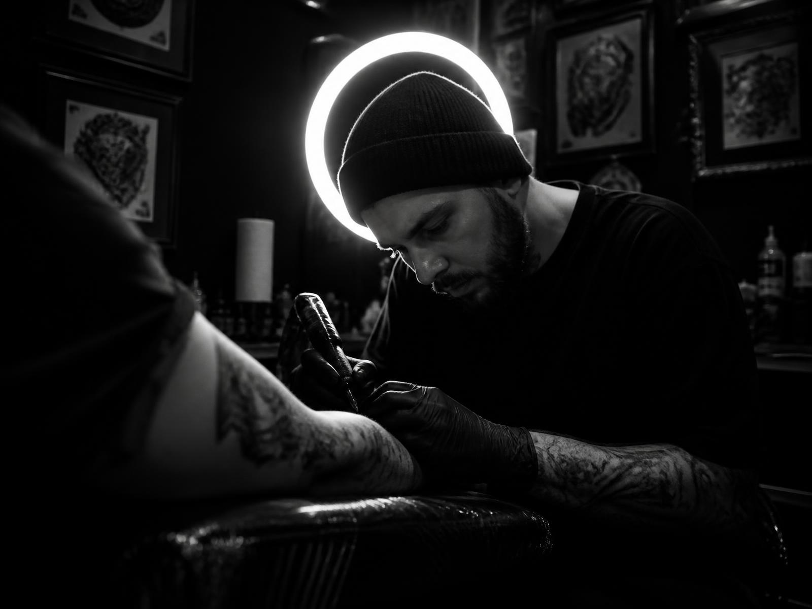 Tattoo artist working under a ring light in a dark studio
