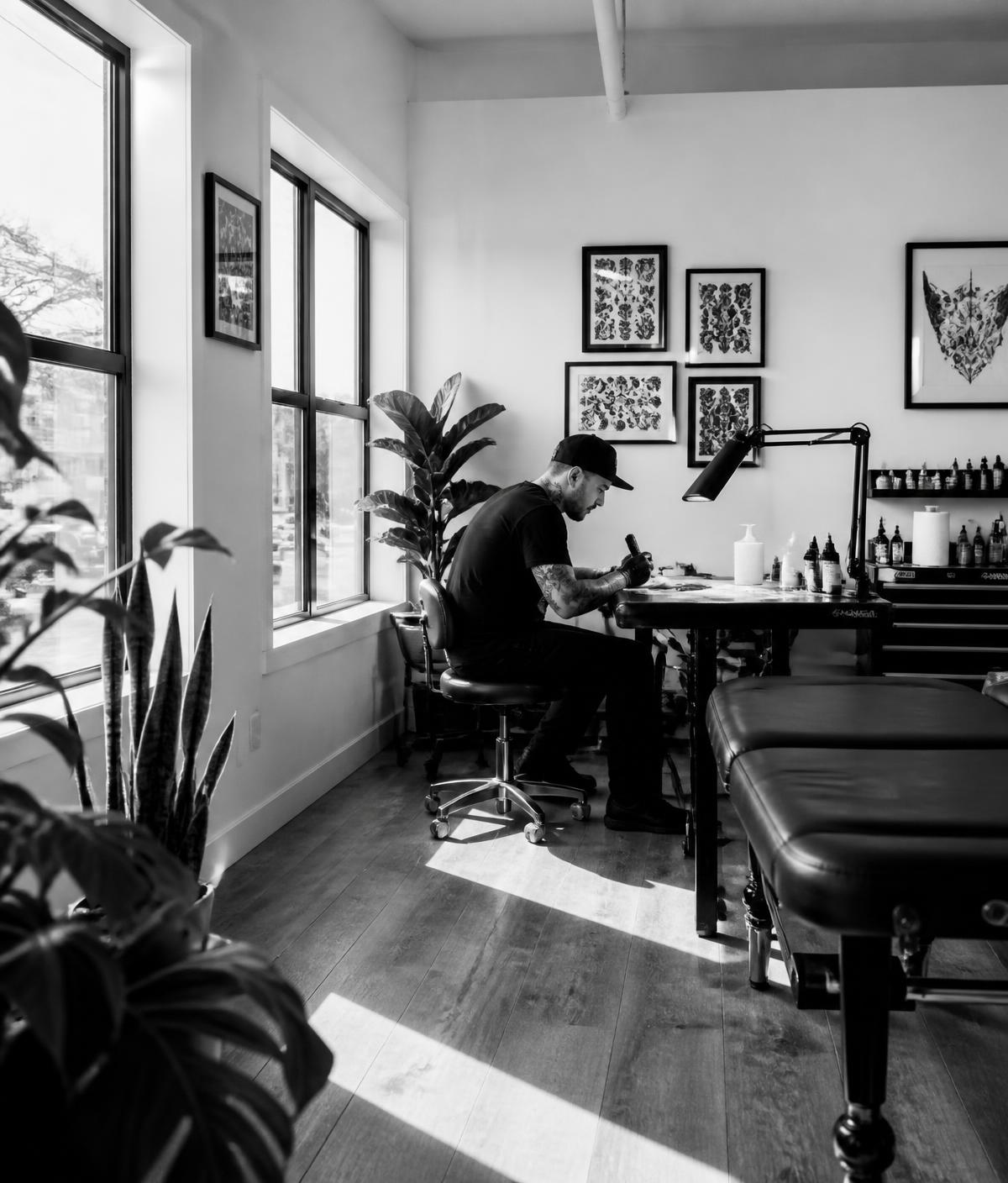 Tattoo artist preparing a design in a bright studio